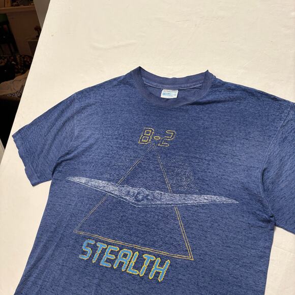 VTG 80s B-2 Stealth Bomber Faded Paper Thin T-Shirt Navy L - Picture 2 of 4